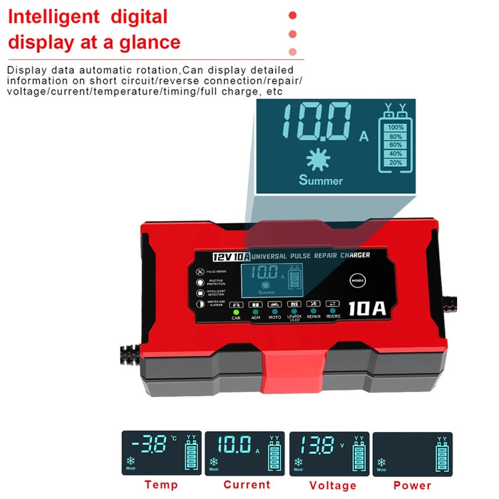 Cargador de batería universal de 12 V 10 A - Solución de carga de 14,6 V 10 A para motocicletas eléctricas, Lifepo4, plomo ácido y reparación inteligente de baterías de litio