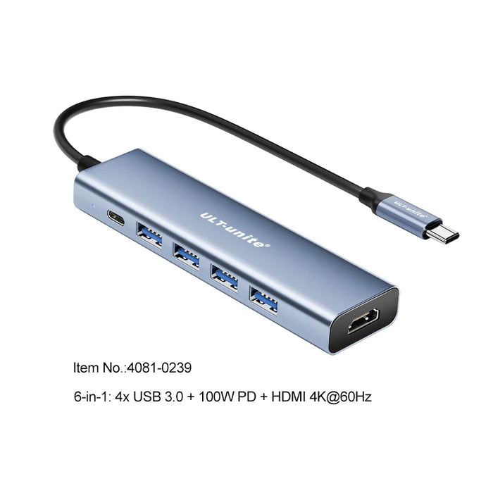 USB-C-Hub, 6-in-1-USB-C-auf-HDMI-Splitter, 4 USB-3.0-Datenanschlüsse, USB-C-Adapter mit 4K60Hz-HDMI-Anschluss, PD 100-W-Aufladung für iPad Pro