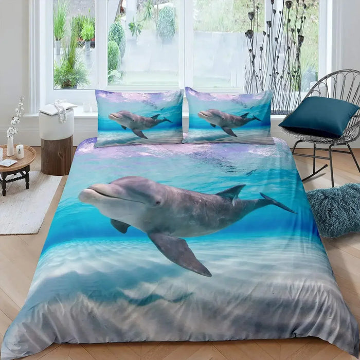 Juego de cama 3D con motivo de delfines - Motivo de mar azul en tamaño Queen y King para niños y adultos