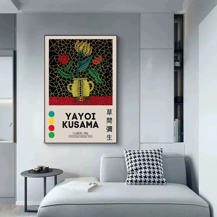 Yayoi Kusama Kunstausstellung, Kürbis-Blumen-Wandkunst-Poster, Druck, abstraktes Leinwandgemälde für moderne Heimdekoration