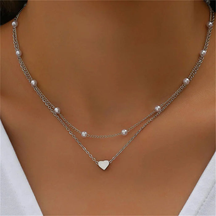 Gargantilla Simple de Perlas con Doble Cadena y Colgante de Corazón - Joyería para Mujer