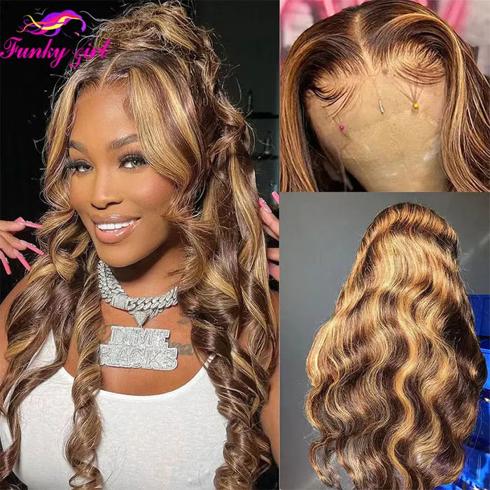 Highlight Body Wave Echthaar-Spitzenperücke – 4/27 Honigblond, Body Wave T-Teil-Spitzenperücke für Frauen, brasilianische Remy-Perücke