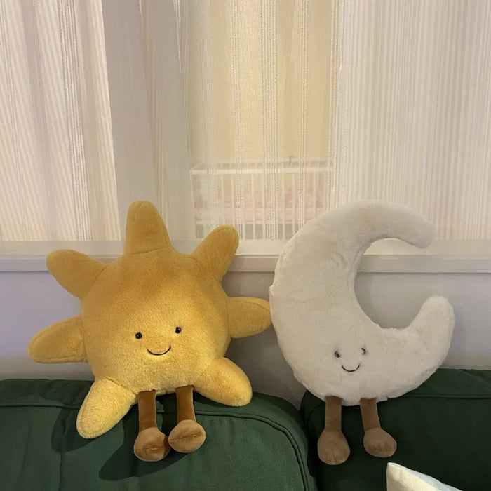 Bonita cara sonriente, Luna blanca, sol amarillo, Animal relleno para decoración de habitación de niños, cojín para sofá, figura de caramelo