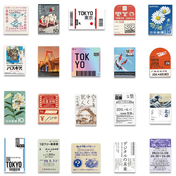 Paquete de 60 pegatinas japonesas estilo INS: postales, billetes y diseños de sellos retro para decorar diarios de viaje y accesorios