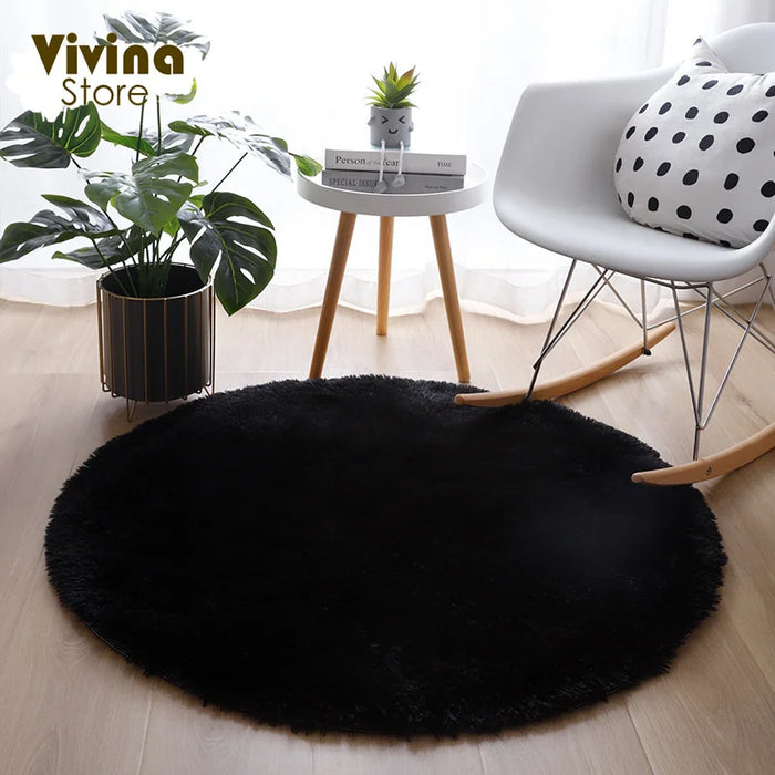 Round Green Plush Rug for Living Room - Fluffy Carpet for Sofa and Chairs, Long-Haired Floor Mat for Bathroom and Kids' Room Décor