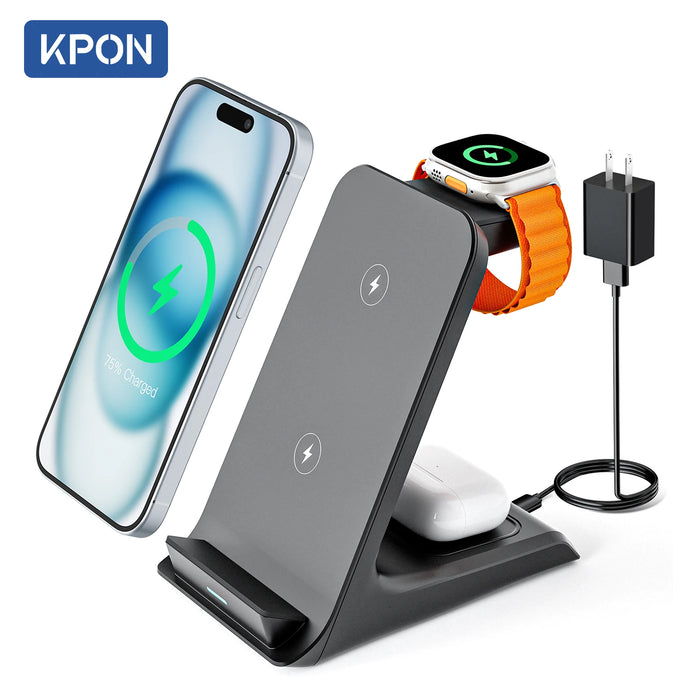 KPON-soporte de carga inalámbrica 3 en 1, estación de carga rápida para iPhone 16/15/14/13 Pro Max Apple iWatch 9/8/7/6/5 Airpods 3/2