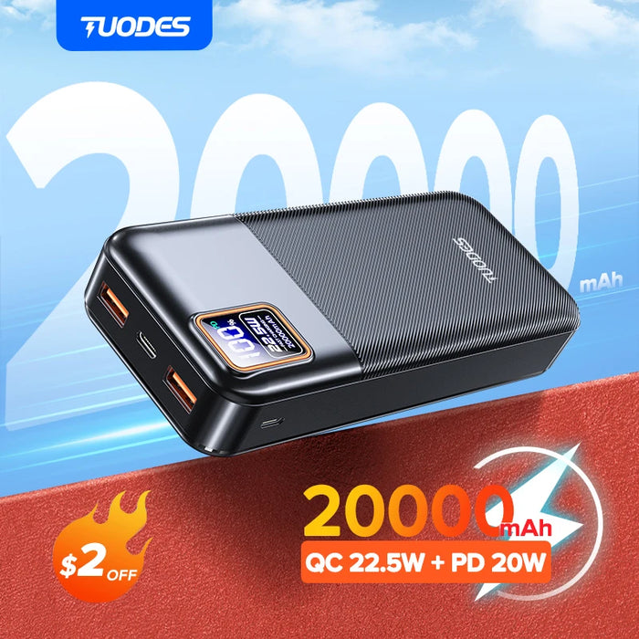 Tuodes Power Bank 20000mAh PD20W Cargador Rápido Portátil de Gran Capacidad con Pantalla Digital para iPhone, Samsung y Xiaomi