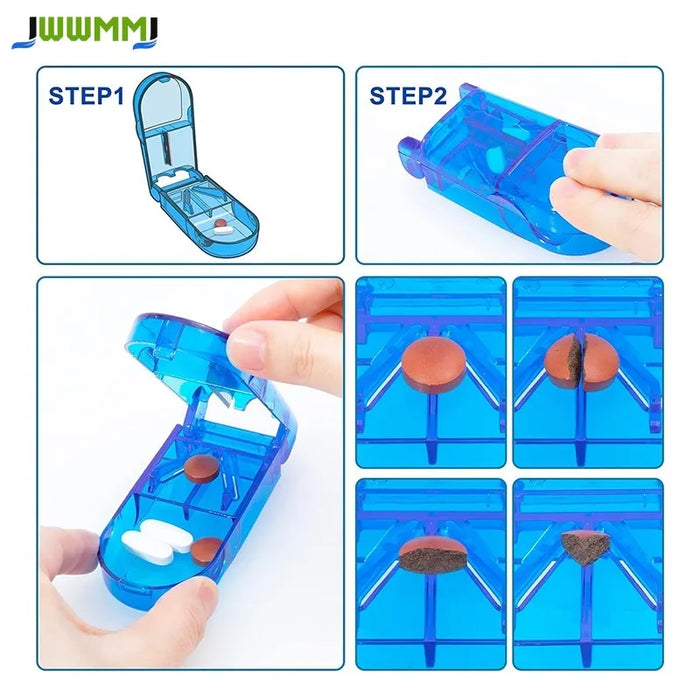 Tragbarer Pillenschneider mit Medikamentenbehälter für unterwegs – 1 Stk