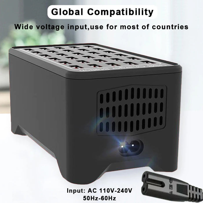 Estación de carga USB de 150 W: cargador multipuerto universal para múltiples dispositivos con 10-30 puertos, compatible con adaptadores de corriente de EE. UU., UE, AU y Reino Unido