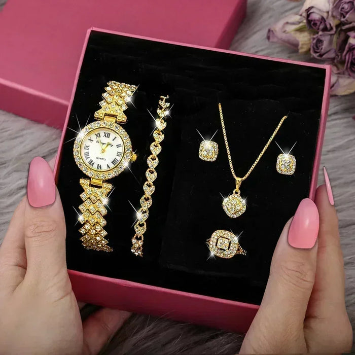 Conjunto de joyería de lujo con reloj, collar, aretes, anillo y pulsera para mujer: diamantes de imitación brillantes y diseño elegante