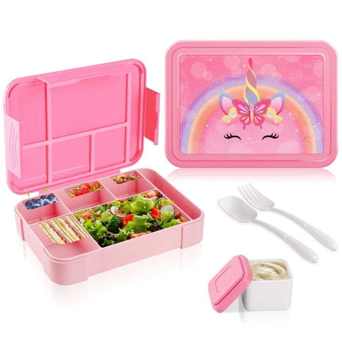 Caja Bento de 1330 ml - Fiambrera a Prueba de Fugas con Unicornio/Carta con Recipiente para Salsa, Almacenamiento de Frutas y Alimentos, Apta para microondas para niños y Adultos