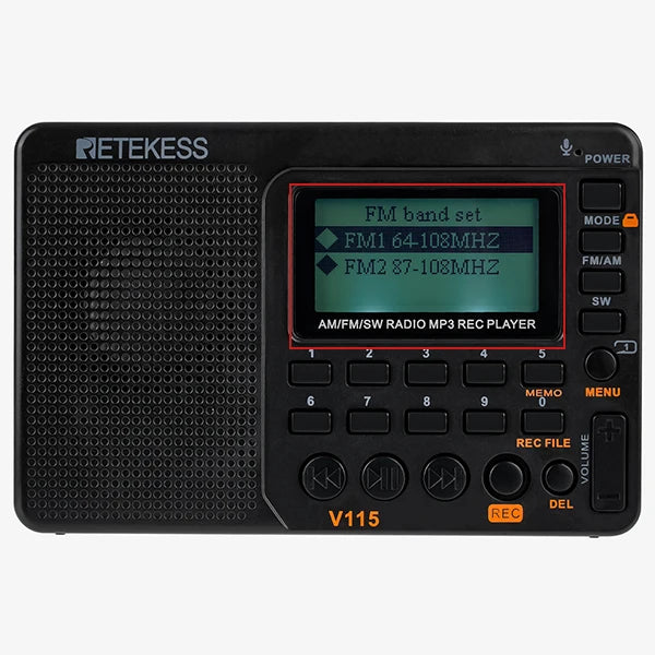 RETKEKESS V115 Radio portable FM AM SW – Radio à ondes courtes rechargeable avec enregistrement USB et haut-parleur