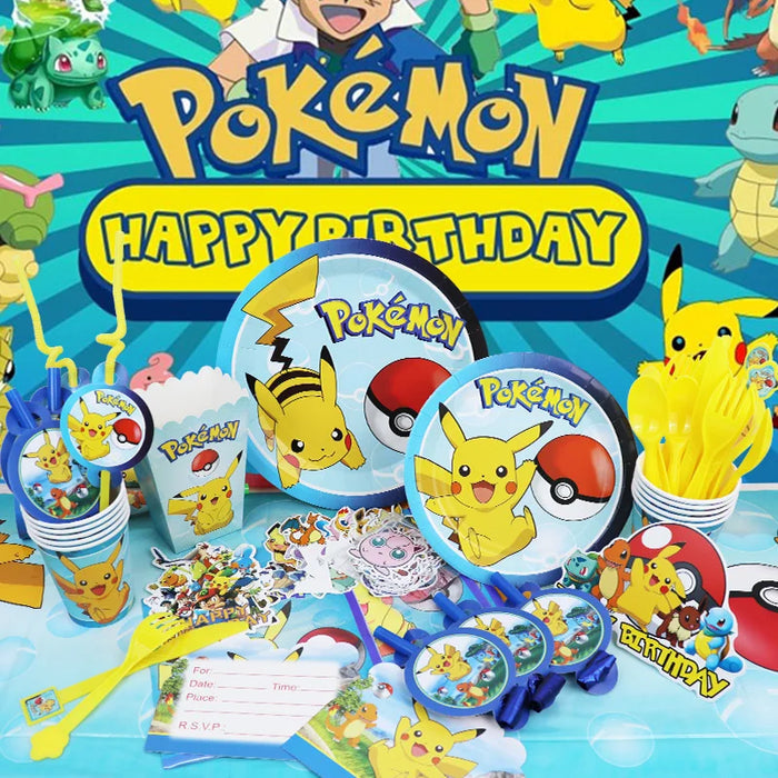 Essentiels de fête d'anniversaire sur le thème de Pikachu – Kit de ballons Lightning Pikachu, vaisselle, bannières et toile de fond pour fête d'enfants