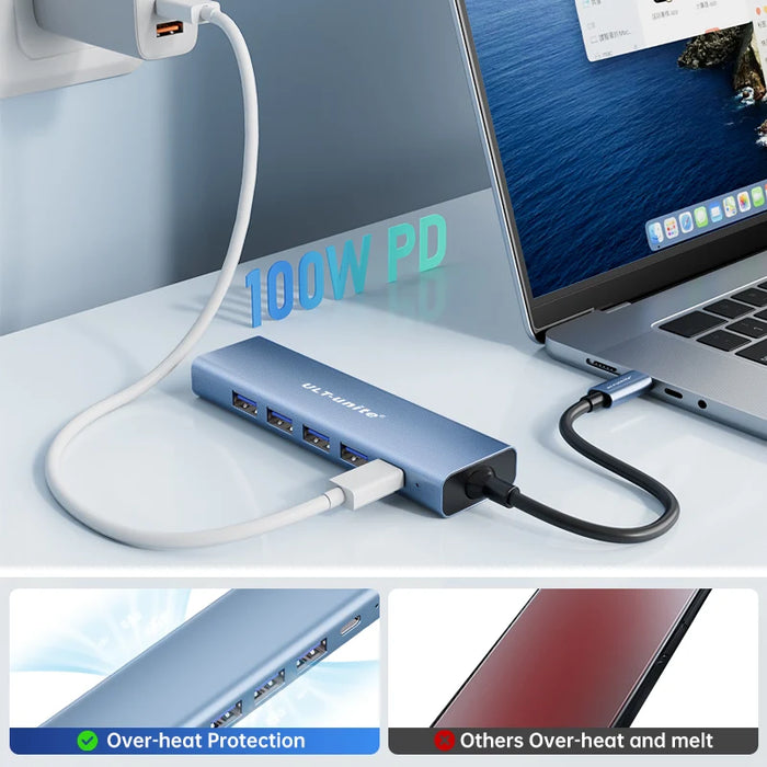 USB-C-Hub, 6-in-1-USB-C-auf-HDMI-Splitter, 4 USB-3.0-Datenanschlüsse, USB-C-Adapter mit 4K60Hz-HDMI-Anschluss, PD 100-W-Aufladung für iPad Pro