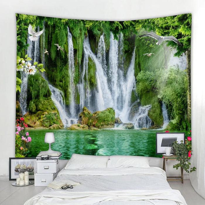 Magnifique papier peint cascade nature avec imprimé forêt et paysage marin - décoration murale hippie de style bohème avec motif mandala