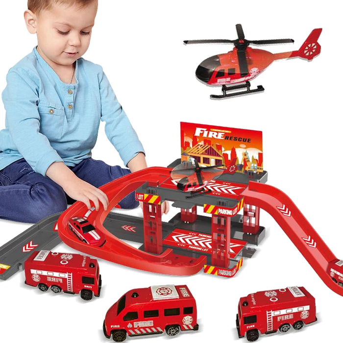 Coffret de jeu à garage multiple pour enfants avec des voitures de pompiers, de police et de dinosaures