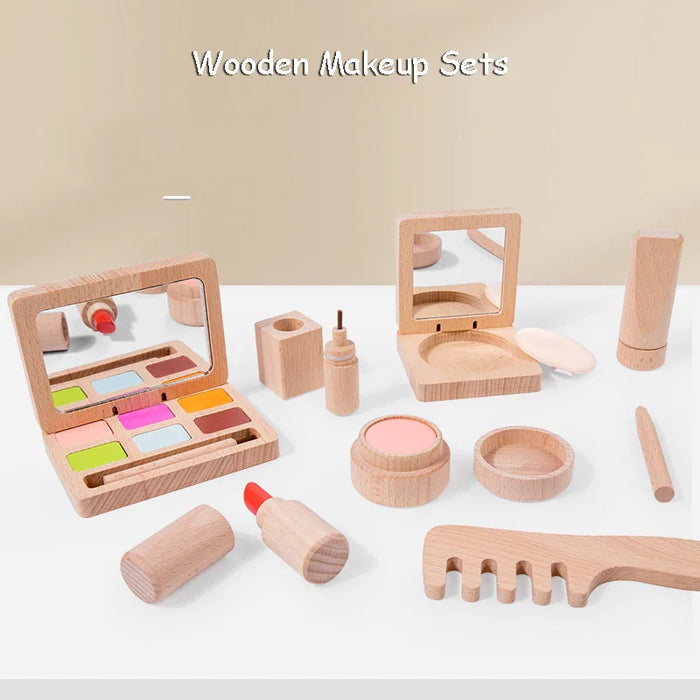 Spiel-Make-up-Set aus Holz für Mädchen – simulierte Schönheitsprodukte mit Lippenstift und Lidschatten – perfektes Geschenk für Kleinkinder