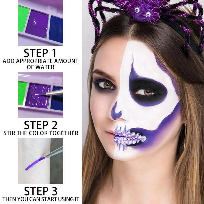 Water-Activated Neon Eyeliner Palette - UV Blacklight Fluorescent Face & Body Paint for Halloween and Festive Looks