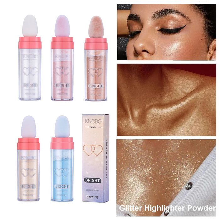 Body Glitter Shimmer Highlighter-Puder für Gesicht und Körper mit Schwammkopf – High Fairy Glitter Sparkle Powder für glänzenden Make-up-Stick