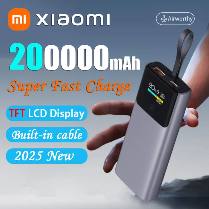 Xiaomi 200000 mAh PowerBank mit TFT-LCD-Digitalanzeige und integriertem Schnellladekabel – PowerBank mit großer Kapazität für iPhone, Huawei und Samsung