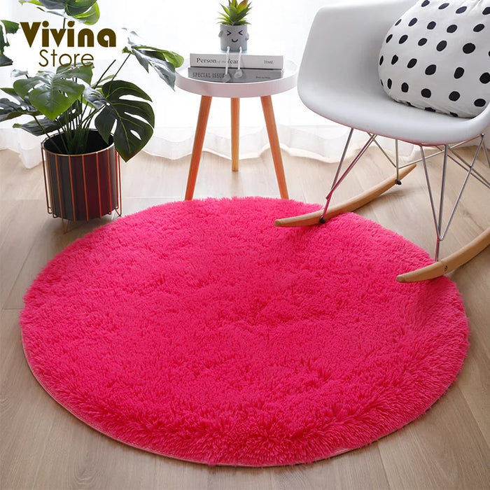 Round Green Plush Rug for Living Room - Fluffy Carpet for Sofa and Chairs, Long-Haired Floor Mat for Bathroom and Kids' Room Décor