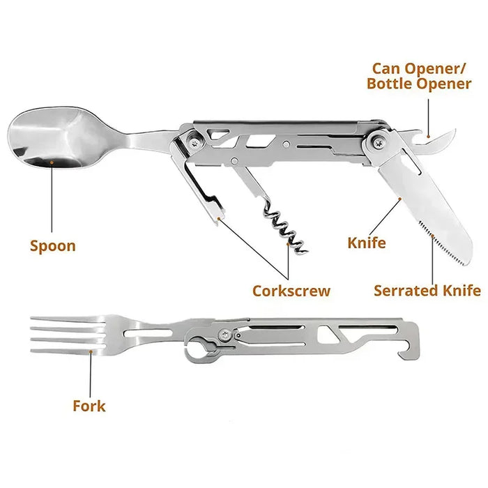 Cubiertos plegables para acampar: plato, cuchillo, cuchara, tenedor, abridor de botellas y abrelatas portátiles multifuncionales para picnic