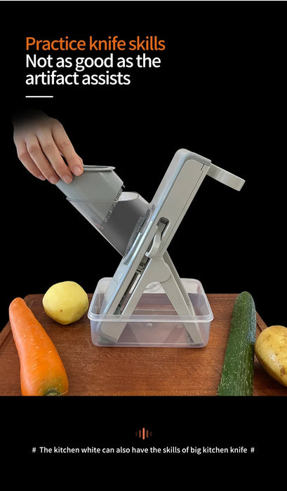 Trancheuse à légumes mandoline sûre - Trancheuse multifonctionnelle pour julienne, frites et pommes de terre avec boîte de rangement et couvercle