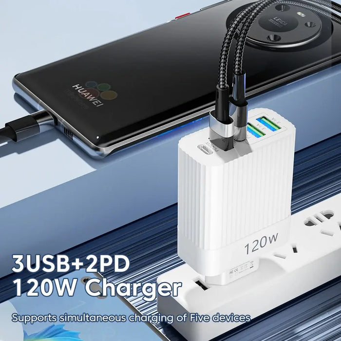 Chargeur rapide USB total 120 W avec 5 ports – Chargeur mural rapide pour iPhone 15 Pro, Samsung, Xiaomi et Huawei