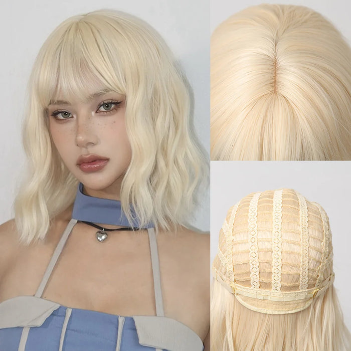 Short Curly Blonde Bob Wigs with Bangs in Platinum Gold for Lolita Cosplay - Heat Resistant Wigs for Women for Daily Wear and Party