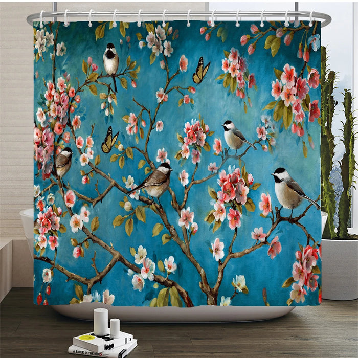 Rideau de douche fleurs et oiseaux de style chinois, décor de salle de bain étanche avec crochets, rideau de douche imprimé 3D