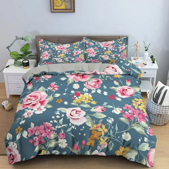 Parure de lit classique avec housse de couette et taie d'oreiller, motif fleurs, bleu, or, King, Queen, Full, Twin, Double, 260x220cm