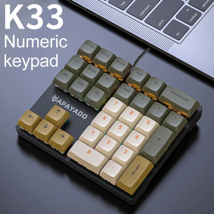 APAYADO K33 Mini teclado numérico de 33 teclas, tipo eje mecánico azul, RGB, tecla PBT para economía/contabilidad/finanzas