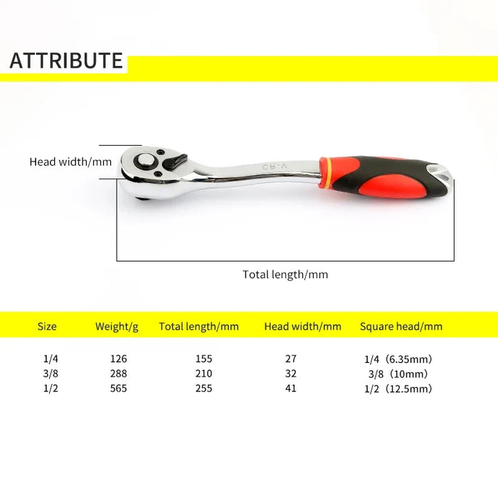 Juego de llaves de trinquete de 72 dientes de alta precisión, llave reversible de aleación de zinc de 1/4" 3/8" 1/2" para reparación de automóviles