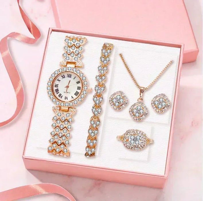 Conjunto de joyería de lujo con reloj, collar, aretes, anillo y pulsera para mujer: diamantes de imitación brillantes y diseño elegante