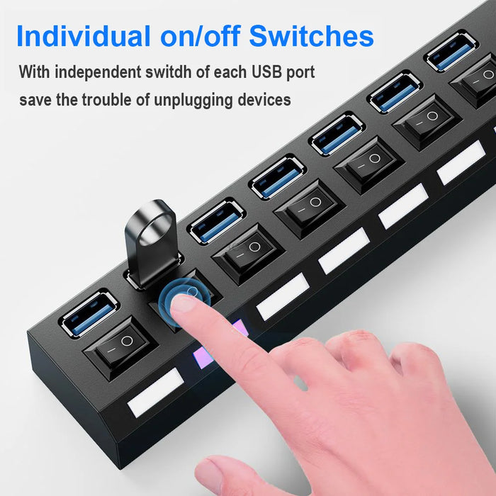 USB 2.0 Hub Multiport Splitter with Power Adapter 4/7 Ports and Power Switch 30CM Cable for Home