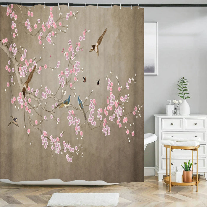 Rideau de douche en forme d'arbre à fleurs et oiseaux de Style chinois, imperméable, décor de salle de bain avec crochets, rideau de bain imprimé en 3D