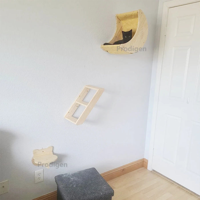 Hamaca suspendida en la pared con estante para gatos, criatura lunar, con escaleras y plataformas de madera maciza para actividades en interiores para gatos