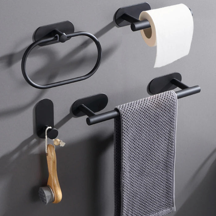 Práctico paquete de 4 accesorios autoadhesivos para baño y cocina: toalleros, portarrollos y ganchos