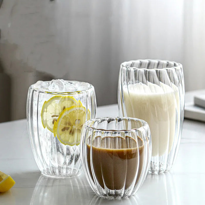 Grande tasse en verre borosilicate à double paroi rayée – Transparente et résistante à la chaleur pour le thé, le lait, les jus, le café, l'eau, le whisky et l'espresso