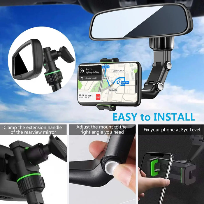 Support de rétroviseur pour téléphone avec rotation à 360° et fonction extensible - Support de voiture multifonctionnel pour toutes les voitures