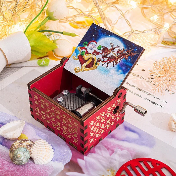 Wooden hand-operated octave box with Christmas music - Exclusive painting and perfect Christmas gift