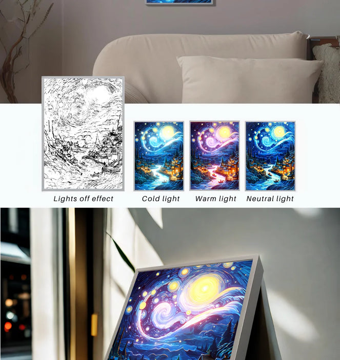 Pintura al óleo creativa y brillante del cielo estrellado de Van Gogh, decoración conectada por USB para sala de estar, dormitorio y entrada, lámpara de ambiente única como regalo