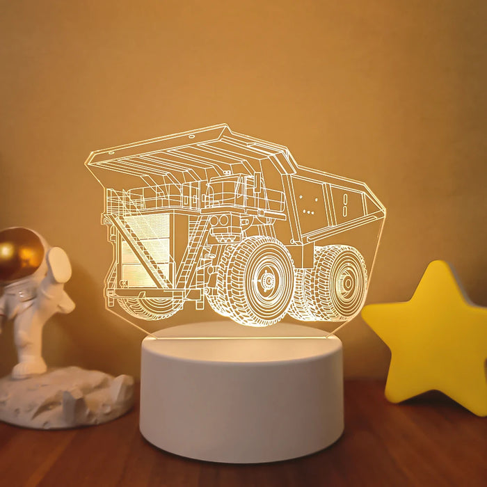 3D Bulldozer and Excavator Night Lamp - LED Lighting for Kids Room, Decorative Gift for Children