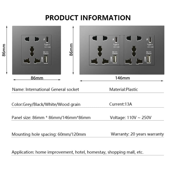 Universell 18W Type-C Snabbladdning 5-pins uttag, UK Vägguttag med USB-laddare, Vit smart Dubbel eluttag