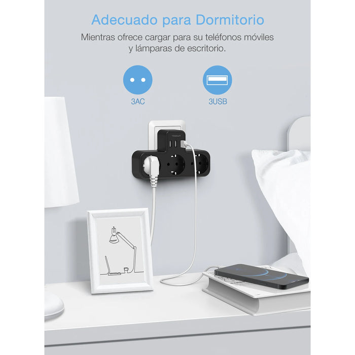 Enchufe TESSAN EU con 3 salidas de CA + 3 puertos USB, cargador de pared 6 en 1 con protección contra sobrecarga para el hogar