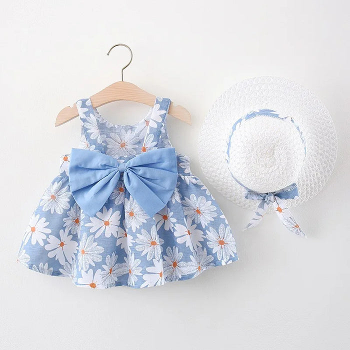 Robe de princesse d'été légère en coton pour enfants, avec franges et grand nœud papillon, chapeau assorti inclus