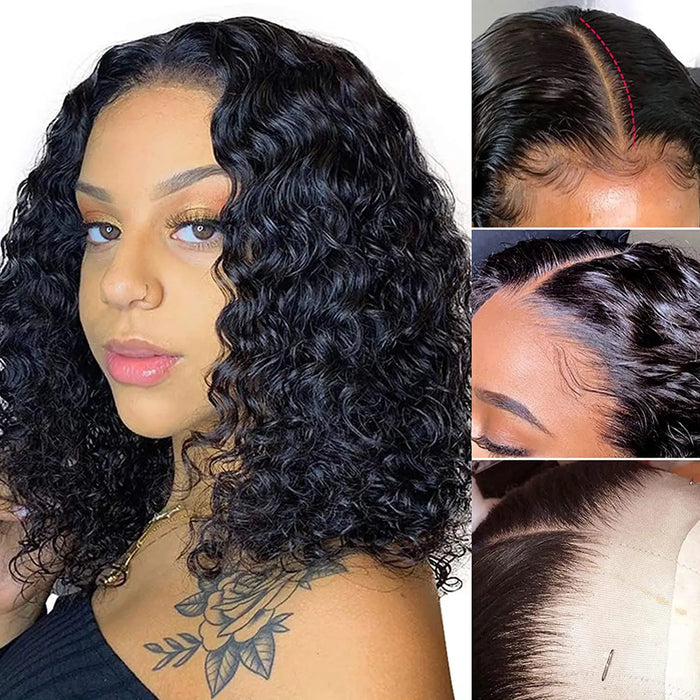 Brasilianische tiefe Welle Bob Perücke 13x4 Spitze Frontal Echthaar Perücken mit natürlichem Haaransatz Remy kurze lockige Verschluss Perücke mit Babyhaar vorbereitet