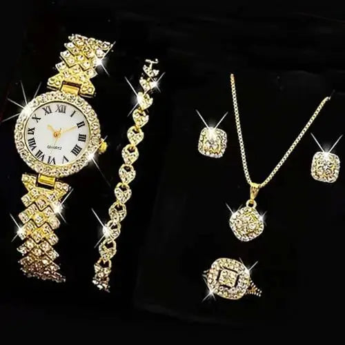 Ensemble de bijoux en cristal de luxe pour femmes - montre, collier, boucles d'oreilles, bague et bracelet