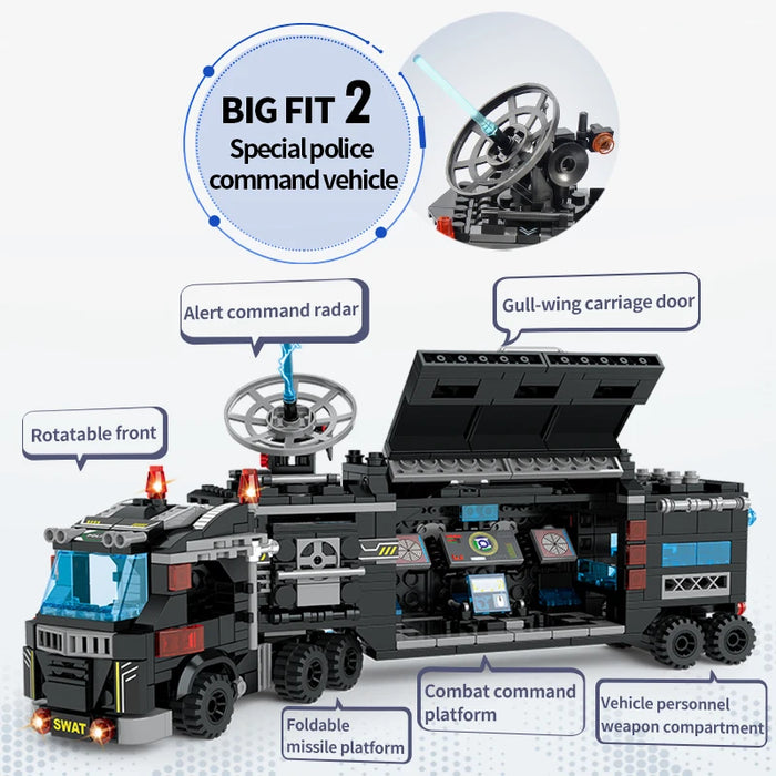 Kit de construction de plus de 1 000 pièces : Voiture de police de la série militaire - Jouet de construction parfait pour les enfants et les adultes