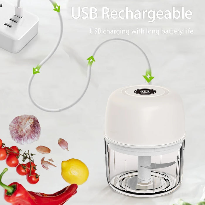 Mini Picadora Eléctrica para Alimentos: Ajo, Cebolla, Verduras, Carne, Fruta - Trituradora Pequeña y Licuadora Recargable 300ml